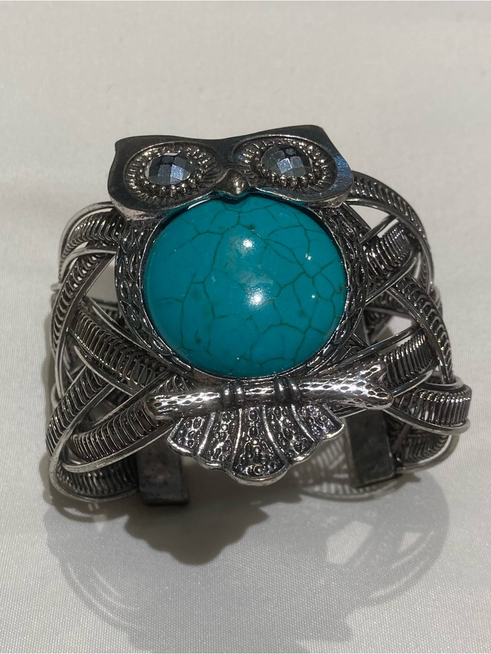 Turquoise Owl Statement Cuff Bracelet - Silver Tone